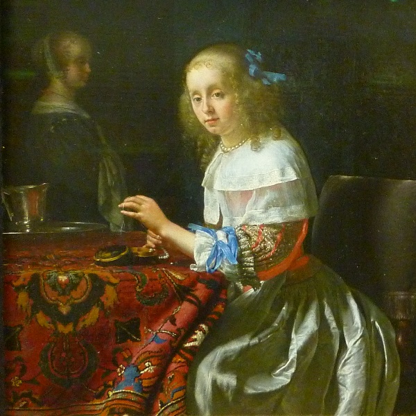 Frans van Mieris l'Ancien (Leyde 1635 - Leyde 1681) | L'enfileuse de perles (1658), détail. Musée Fabre, Montpellier (France)