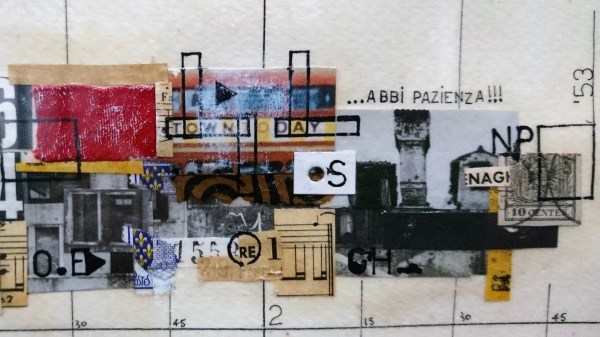 Gianni Emilio Simonetti. Mutica, Dadaismutt (1966). Détail. Technique mixte sur carton. Collection commune Gino di Maggio. Exposition Viva Gino ! Une vie dans l’art, musée des Abattoirs, Toulouse, 2020.