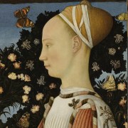 Pisanello (Antonio di Puccio di Giovanni de Cereto ; 1395?–1455?). Détail. Portrait d'une princesse de la Maison d'Este (2e quart du XVe siècle). Musée du Louvre (Paris).
